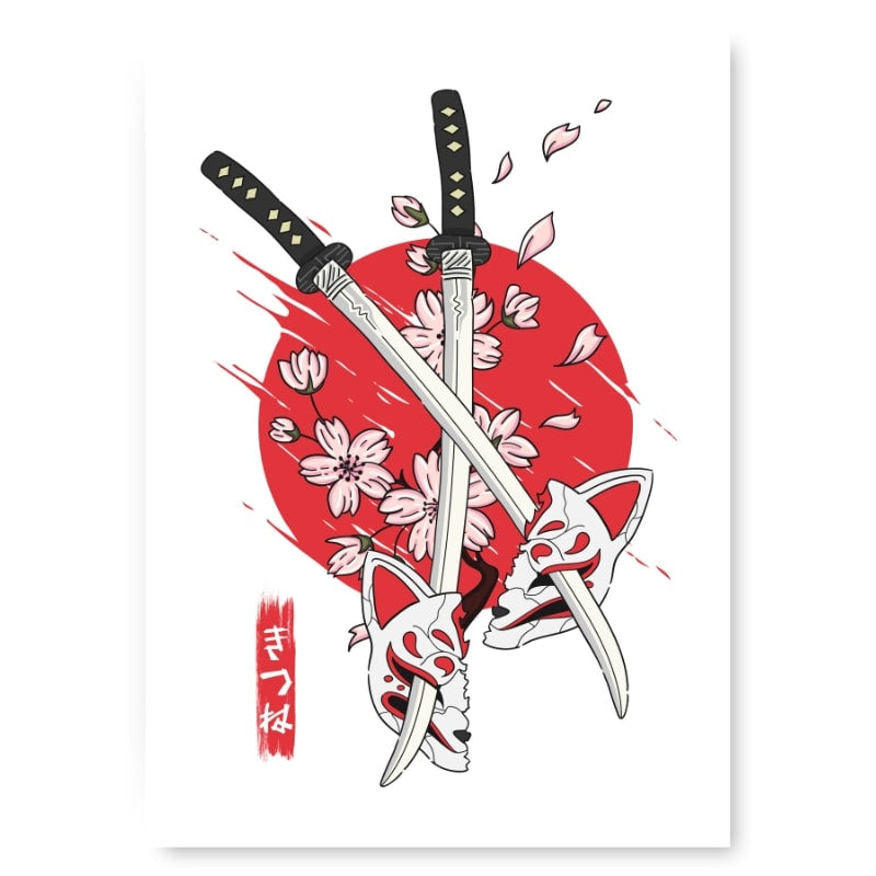 Japanese Kitsune & Katana Poster - A3
