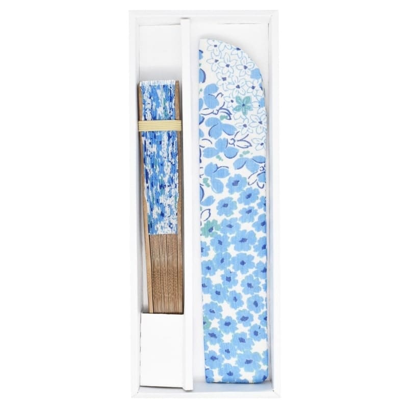 Éventails Japonais & Pochette Fleurs Bleues