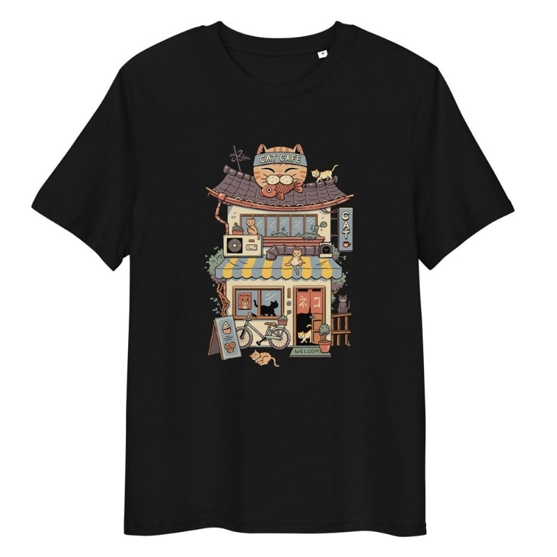 Japanese T-shirt Neko Café - S / Black