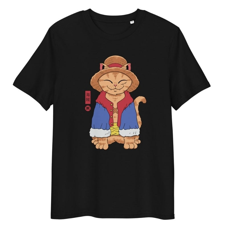 Japanese Neko Straw Hat T-shirt - S / Black
