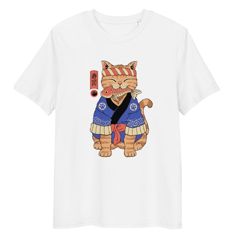 Japanese Neko Sushi Master T-shirt - S / White