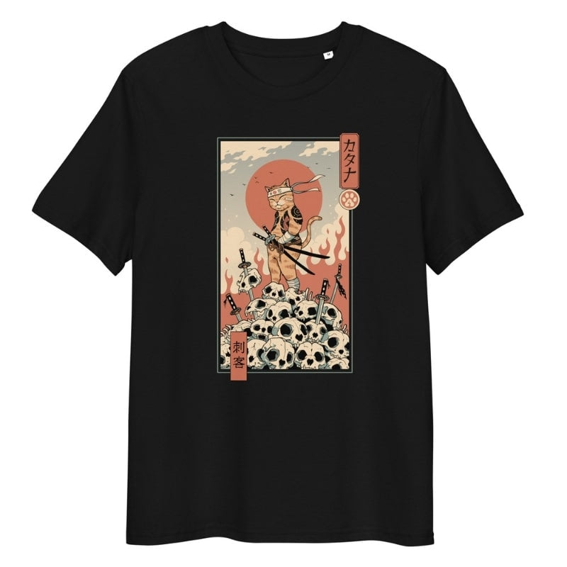 Japanese Ukiyo-e Neko Assassin T-shirt - S / Black