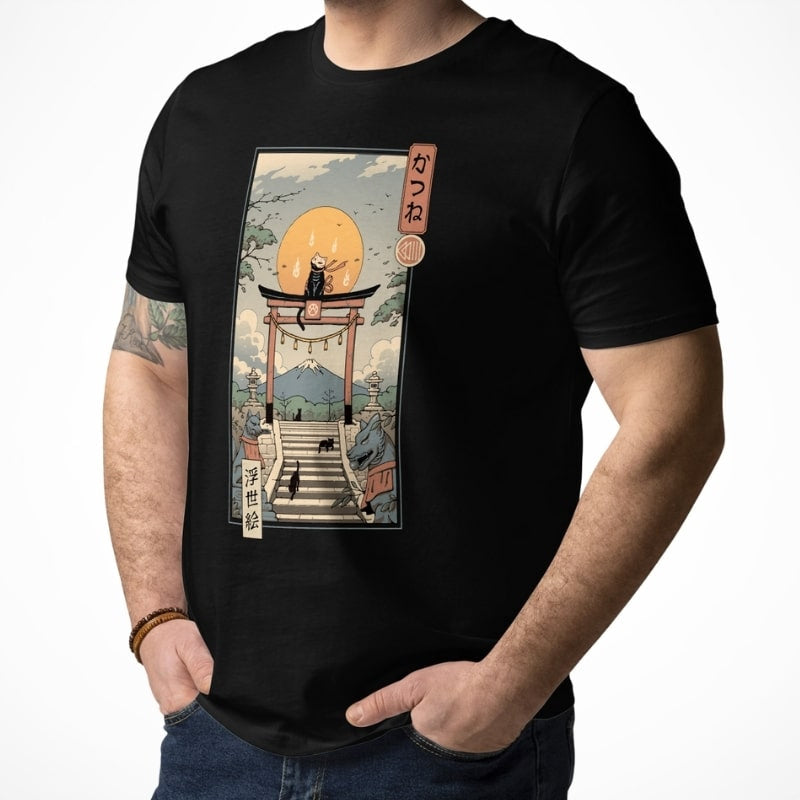 Japanese Ukiyo-e T-shirt Neko Inari