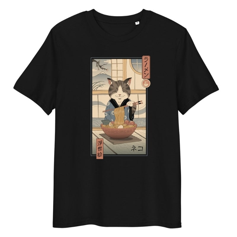 Japanese Ukiyo-e Neko Ramen T-shirt - S / Black