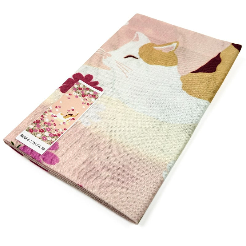Japanese Tenugui Cat & Flowers