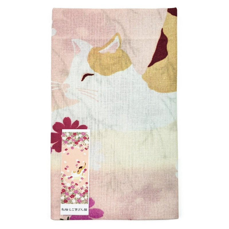 Japanese Tenugui Cat & Flowers
