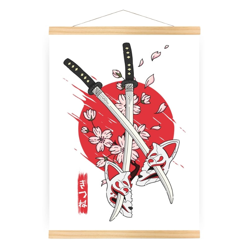 Japanese Kitsune &amp; Katana Poster - A3