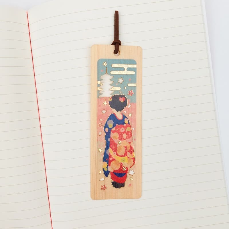 Japanese Cypress Bookmark Geisha & Pagoda